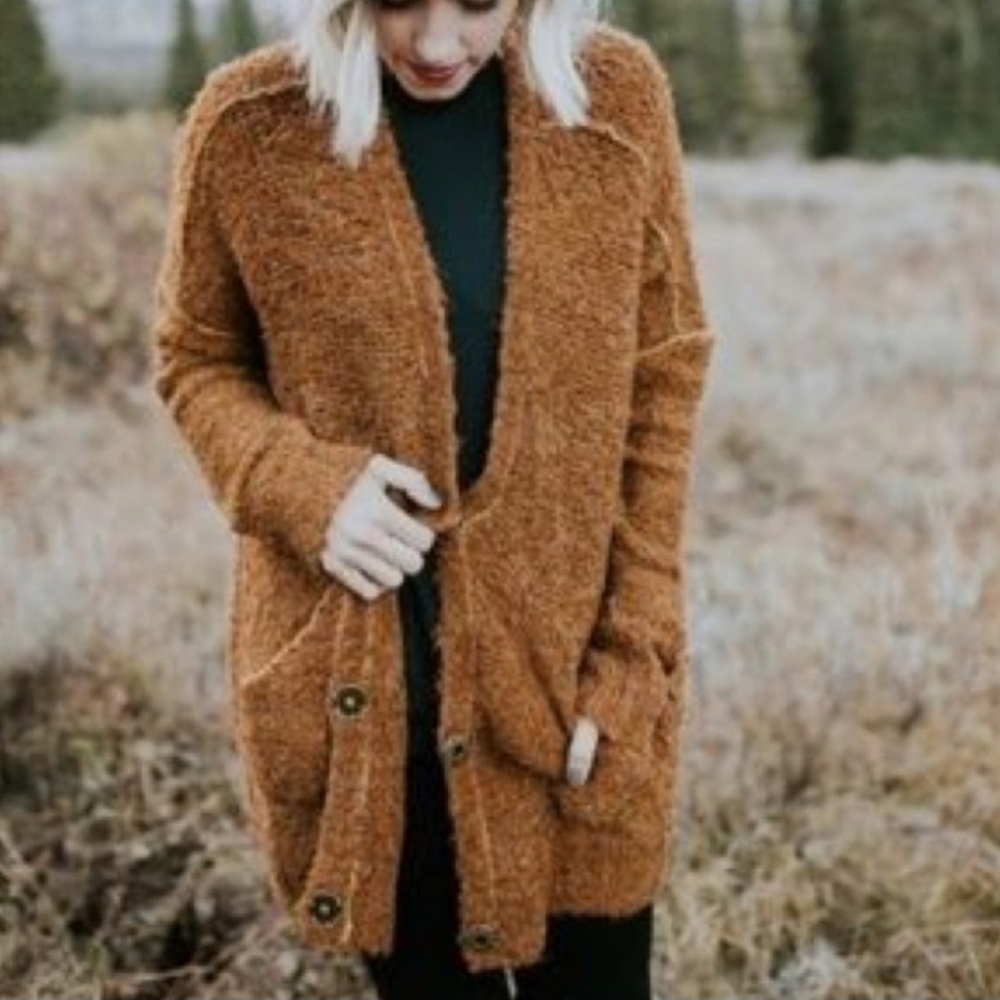 Free People boucle yellow alpaca chunky oversized sweater cardigan size medium